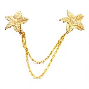 1950’s Mid Century Bright Gold Floral Sweater Clip with Rhinestones/Pearl, 6.5”